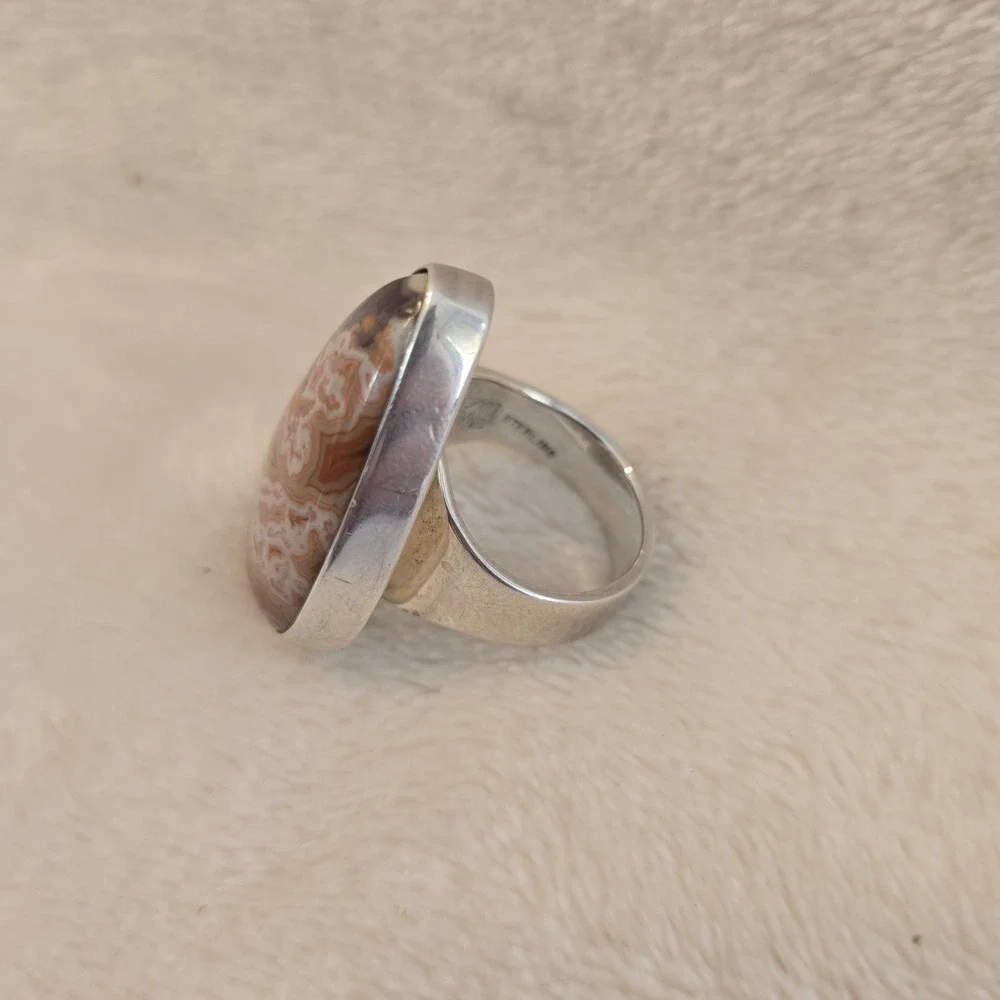 Sterling Silver Ring Tear-drop Shaped Crazy Lace Agate Stone Earthy Boho-chic